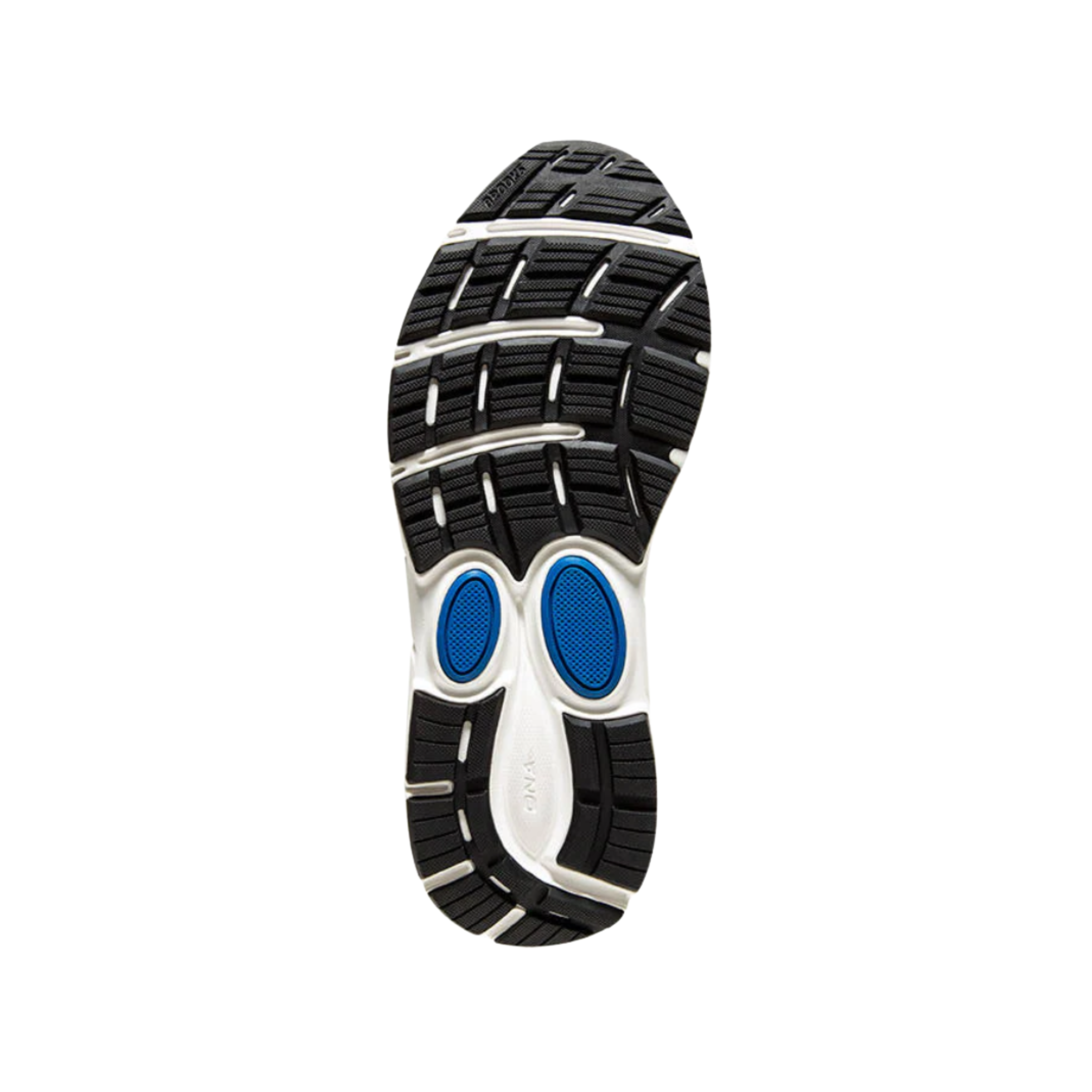 Bottom View of Men’s Brooks Dyad 11 in Black/Ebony/Blue – Featuring a durable rubber outsole with a smooth, responsive traction pattern for reliable grip on various surfaces.