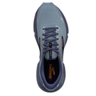 Top view of Men’s Brooks Ghost 15 running shoe in flintstone and peacoat – featuring engineered mesh upper for breathability, padded tongue, and secure lace-up closure for a comfortable fit.