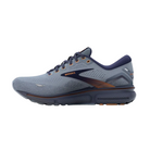 Side view of Men’s Brooks Ghost 15 running shoe in flintstone and peacoat – featuring DNA Loft cushioning for soft responsiveness, supportive overlays, and a sleek design for stability.