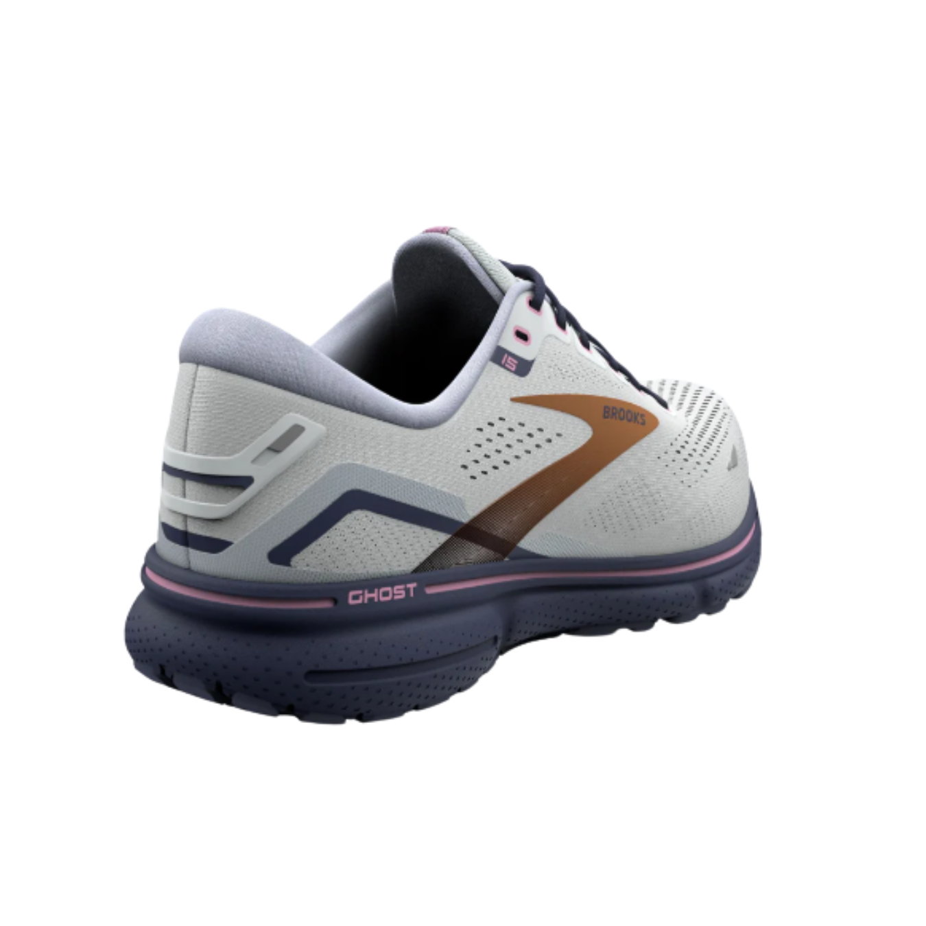 Angled View of Women’s Brooks Ghost 15 in spa blue/neo pink/copper – showing the engineered mesh upper, 3D Fit Print technology for structure, and DNA LOFT v2 cushioning for soft, responsive support.