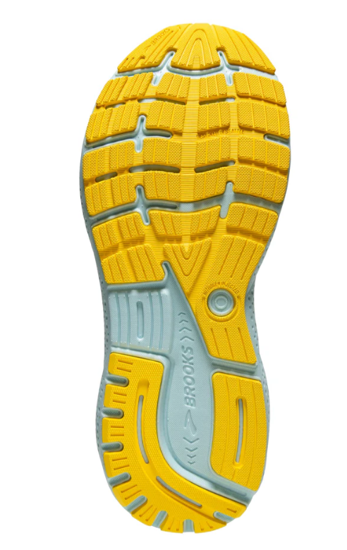 Bottom View of Men’s Brooks Ghost 16 in Black/Forged Iron/Blue – Featuring a durable rubber outsole with an updated segmented crash pad for smooth transitions from heel to toe.