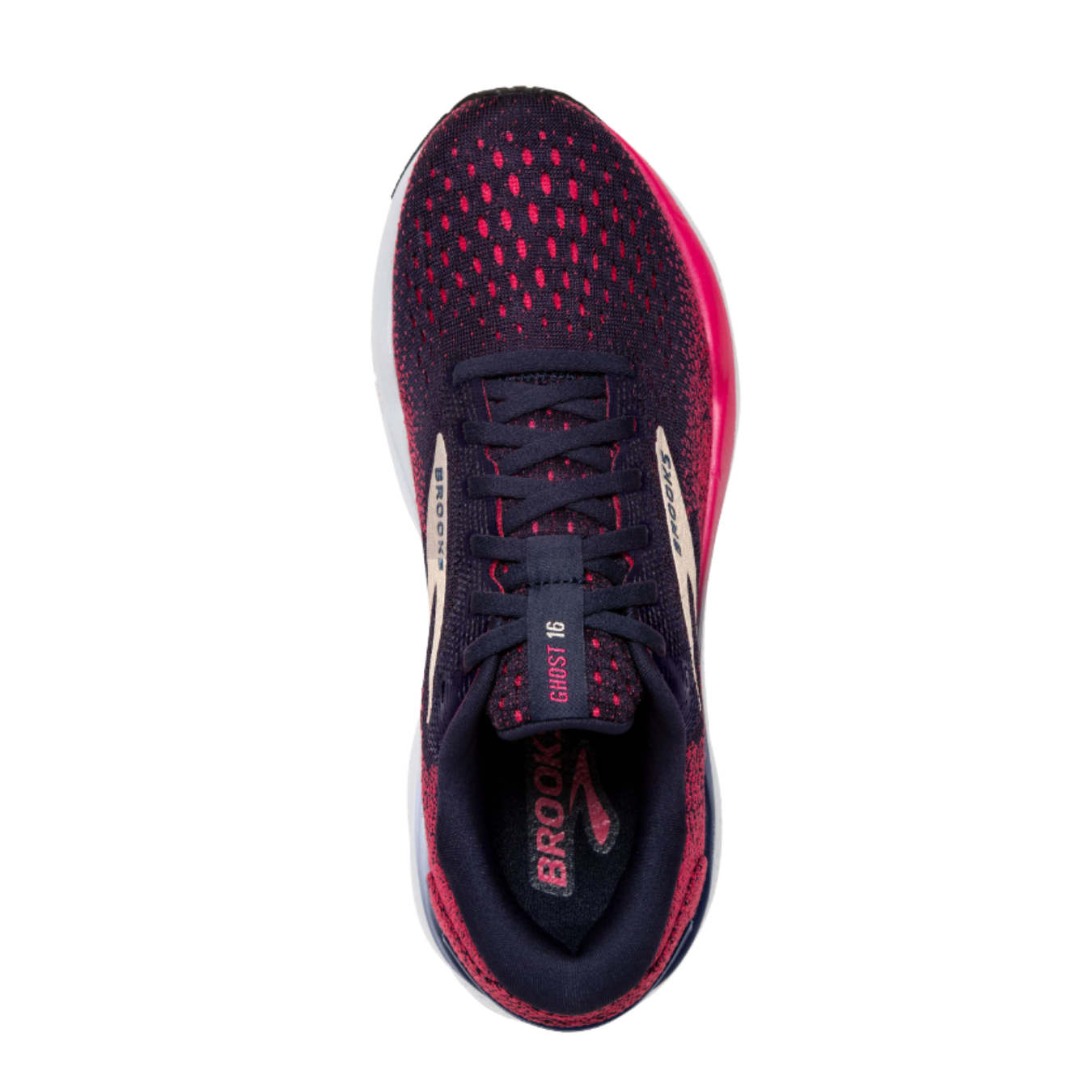 Top View of Women’s Brooks Ghost 16 in peacoat/raspberry/apricot – featuring a breathable engineered mesh upper, secure lace-up design, and nitrogen-infused DNA LOFT v3 cushioning for plush, responsive comfort.