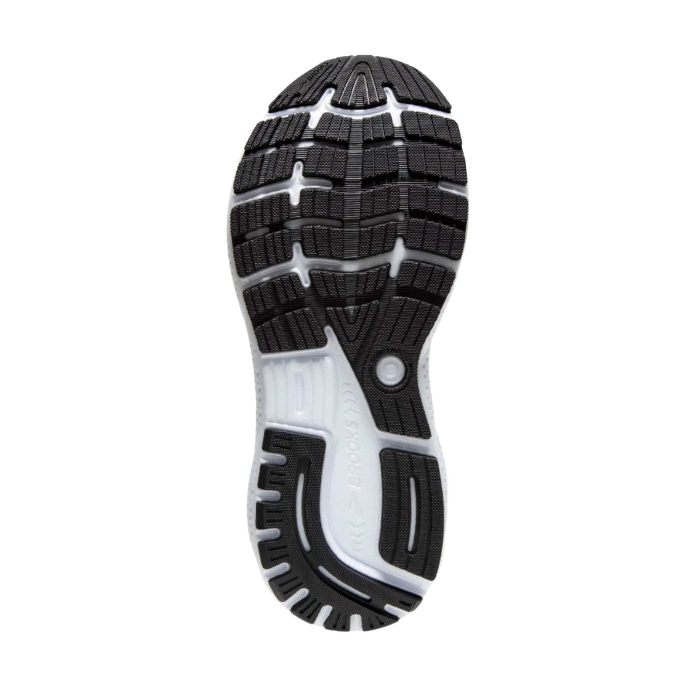 Bottom View of Women’s Brooks Ghost 16 in peacoat/raspberry/apricot – featuring a durable outsole designed for excellent traction and smooth transitions, with the segmented crash pad ensuring a fluid stride.