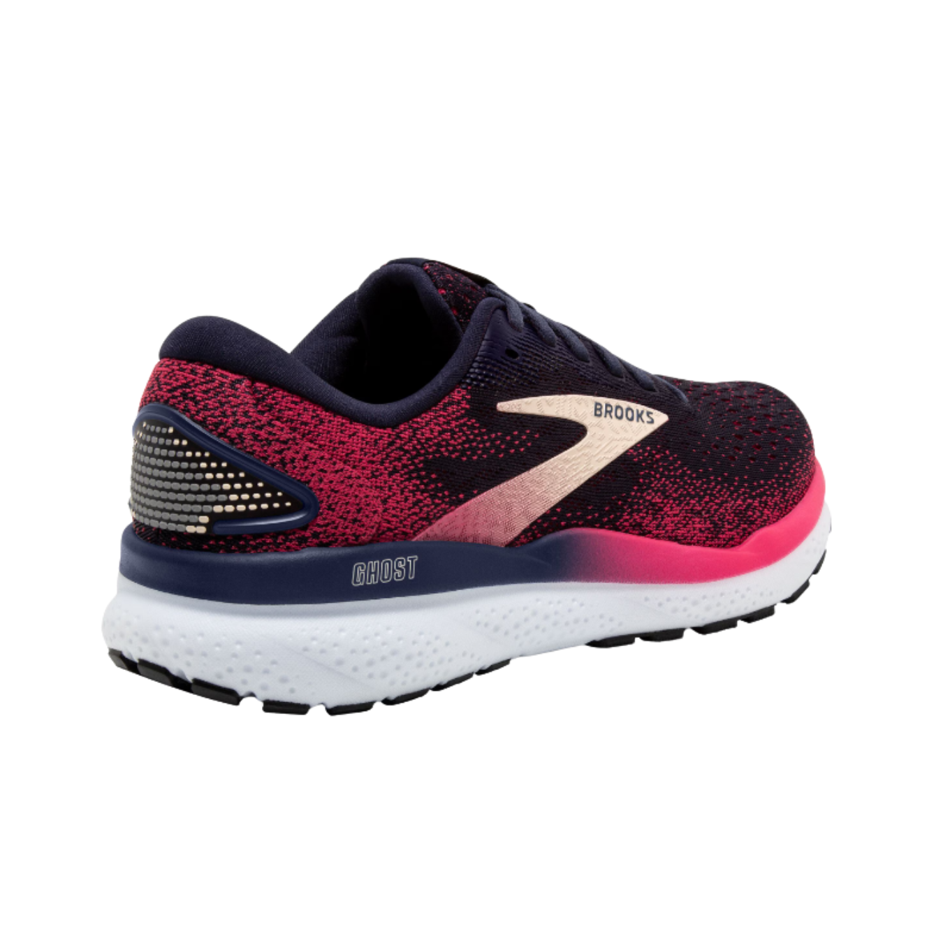 Side View of Women’s Brooks Ghost 16 in peacoat/raspberry/apricot – showcasing the segmented crash pad for smooth heel-to-toe transitions, neutral support, and the lightweight, plush DNA LOFT v3 midsole for comfort during every step.