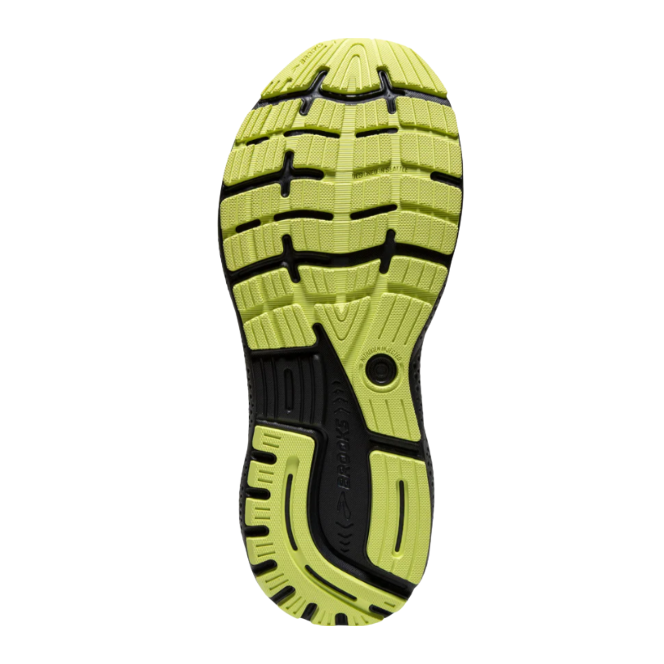 Bottom view of Brooks Ghost 16 in Primer Grey/Lime for men, featuring a durable rubber outsole with a segmented crash pad for smooth transitions and reliable traction.