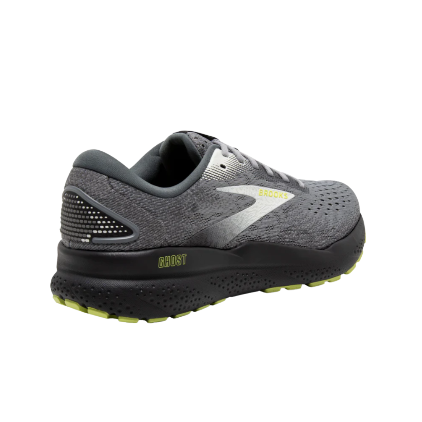 Angled view of Brooks Ghost 16 in Primer Grey/Lime for men, showcasing the responsive cushioning and sleek design for a balanced, effortless stride.