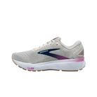 Side View of Women’s Brooks Ghost 16 running shoe in white grey estate blue – featuring a breathable engineered mesh upper, DNA LOFT v3 cushioning for soft responsiveness, and durable rubber outsole for smooth, stable transitions.