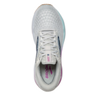 Top View of Women’s Brooks Ghost 16 running shoe in white grey estate blue – featuring a breathable engineered mesh upper with rounded toe, padded tongue for comfort, and lace-up closure for a secure fit.