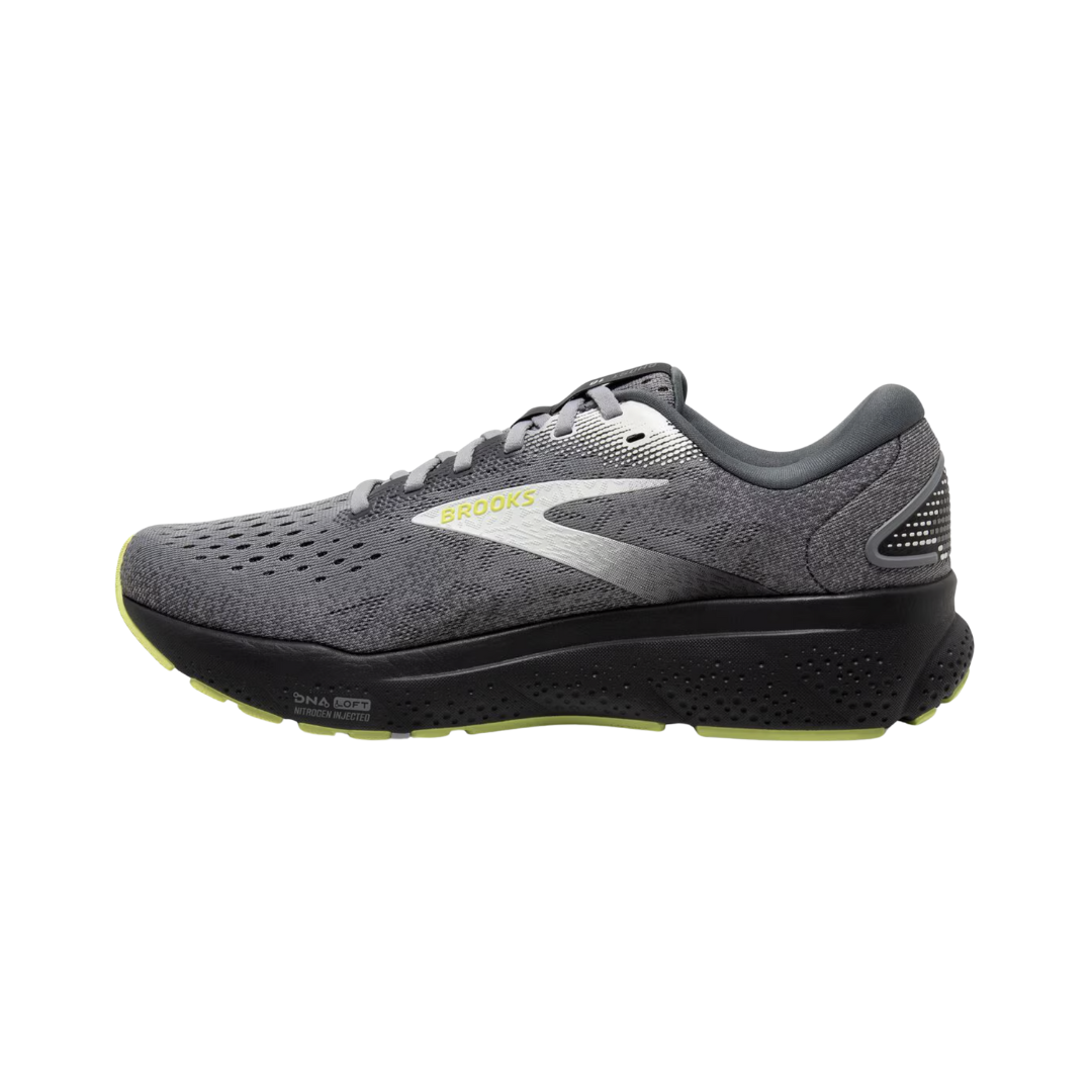Side view of Men’s Brooks Ghost 16 running shoe in primer grey and lime – featuring engineered mesh upper for breathability, DNA LOFT cushioning for soft, smooth ride, and 3D Fit Print overlays for secure support.