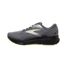 Side view of Men’s Brooks Ghost 16 running shoe in primer grey and lime – featuring engineered mesh upper for breathability, DNA LOFT cushioning for soft, smooth ride, and 3D Fit Print overlays for secure support.