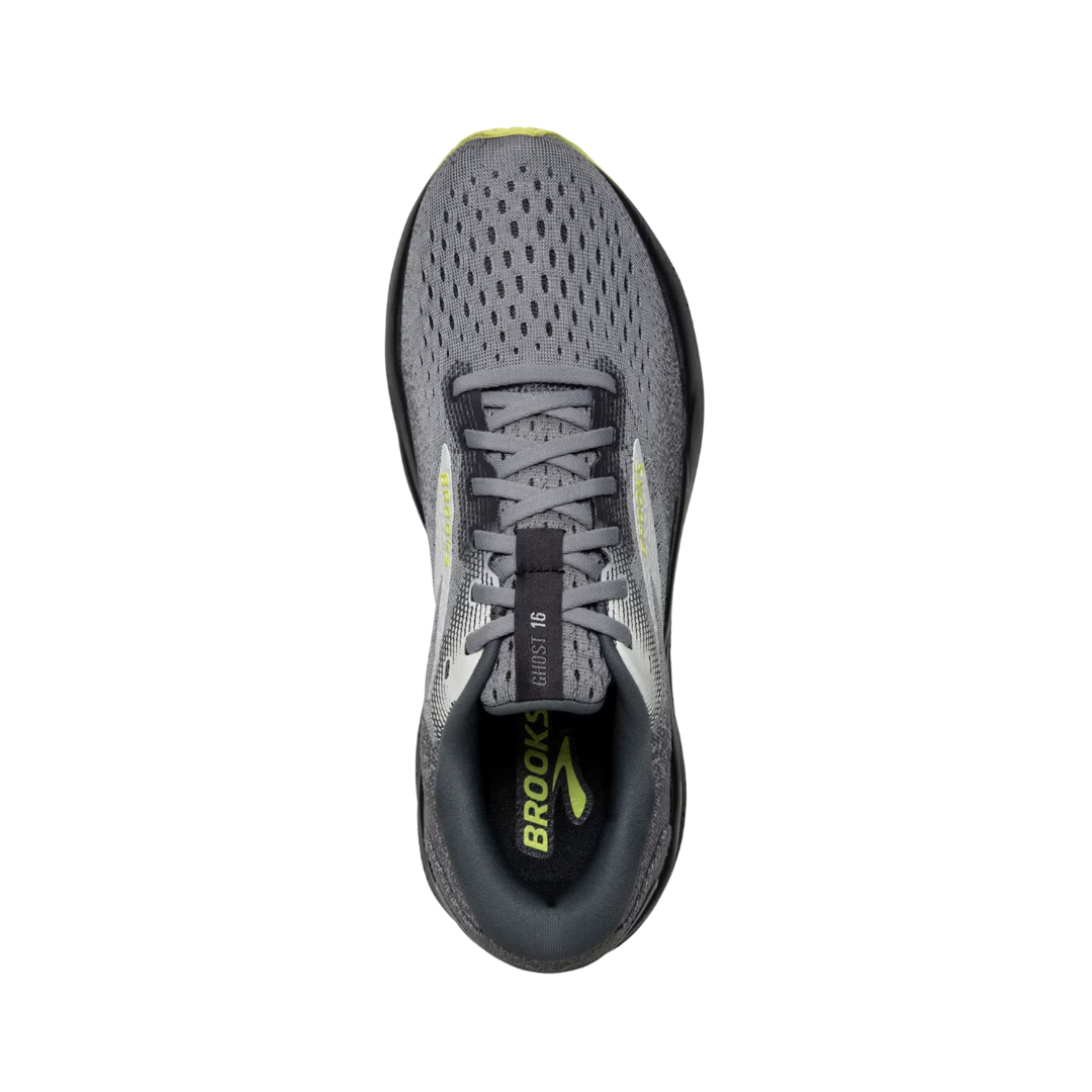 Top view of Men’s Brooks Ghost 16 running shoe in primer grey and lime – featuring padded tongue and collar for comfort, moisture-wicking lining to keep feet dry, and traditional lace-up closure for secure fit.