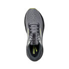 Top view of Men’s Brooks Ghost 16 running shoe in primer grey and lime – featuring padded tongue and collar for comfort, moisture-wicking lining to keep feet dry, and traditional lace-up closure for secure fit.