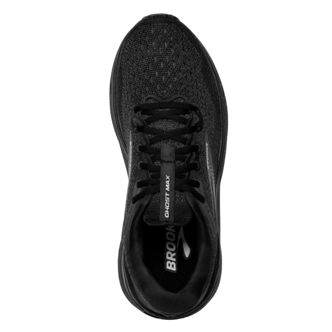 Front View of Men’s Brooks Ghost Max running shoe in black black ebony – featuring a breathable mesh upper with rounded toe, padded tongue for comfort, and lace-up closure for a secure fit.