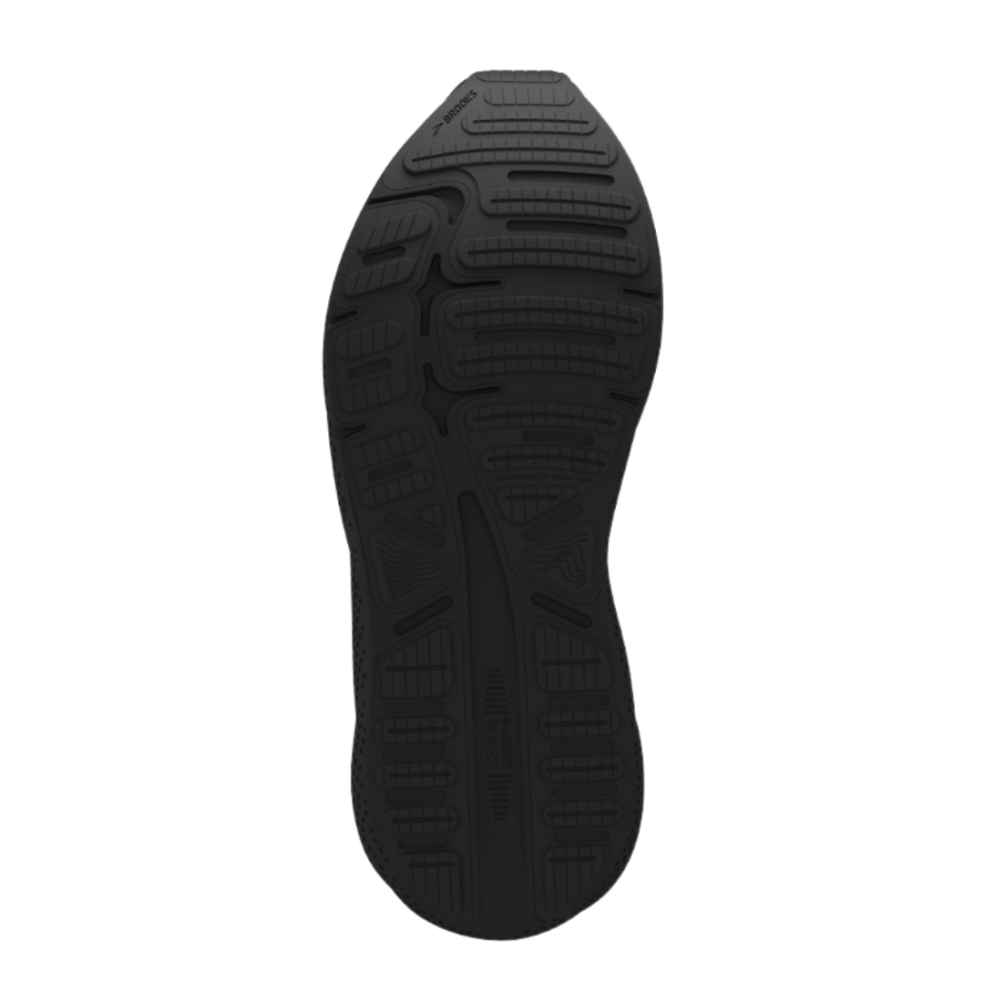 Bottom View of Men’s Brooks Ghost Max running shoe in black black ebony – featuring a durable rubber outsole with GlideRoll Rocker design, pressure-mapped zones for smooth transitions, and textured tread for stable traction.
