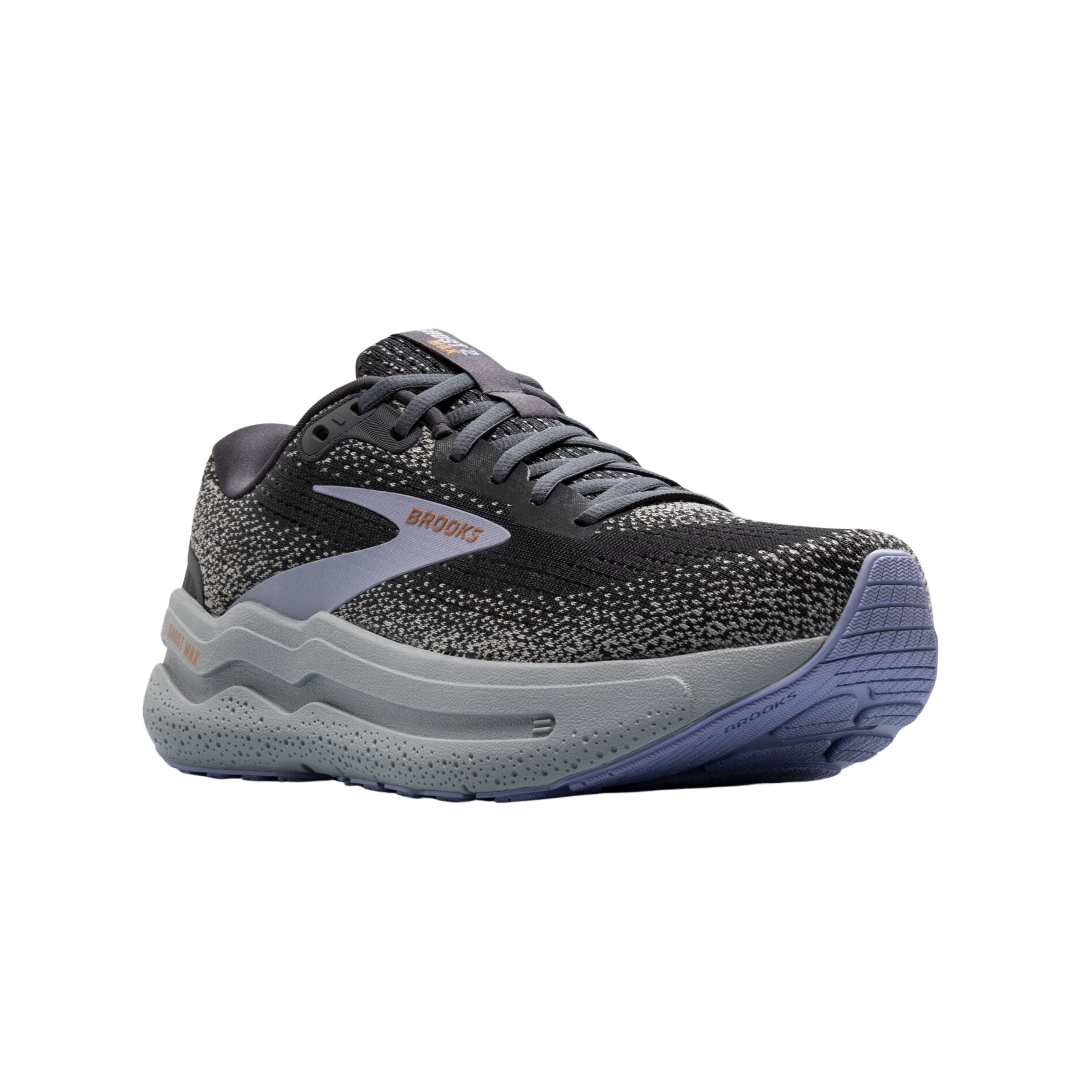 Side View of Women’s Brooks Ghost Max running shoe in Ebony, Sweet Lavender, and Alloy – featuring a breathable mesh upper, plush cushioning, and GlideRoll Rocker for smooth heel-to-toe transitions.