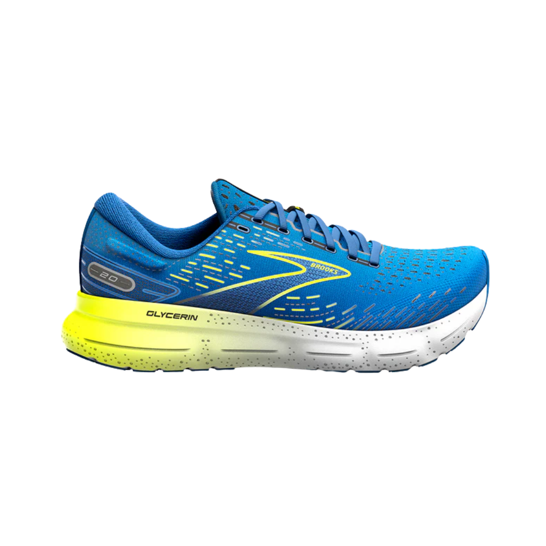 Side view of Men’s Brooks Glycerin 20 in Blue/Nightlife/White – featuring a breathable engineered mesh upper, traditional lace-up closure, and padded tongue for enhanced comfort.