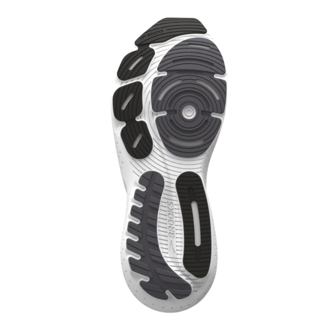 Bottom View of Men’s Brooks Glycerin 21 running shoe in black grey white – featuring a durable rubber outsole with segmented crash pad, pressure-mapped zones for smoother transitions, and textured tread for reliable grip and stability.