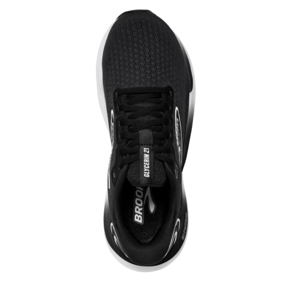 Front View of Men’s Brooks Glycerin 21 running shoe in black grey white – featuring a breathable engineered mesh upper with rounded toe, padded tongue for comfort, and secure lace-up closure for a snug fit.