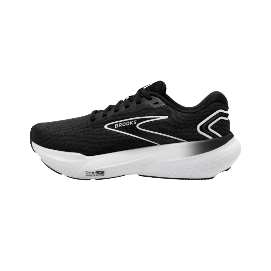 Side View of Men’s Brooks Glycerin 21 running shoe in black grey white – featuring a breathable engineered mesh upper, nitrogen-infused DNA LOFT v3 cushioning for ultra-soft comfort, and durable rubber outsole for smooth transitions.