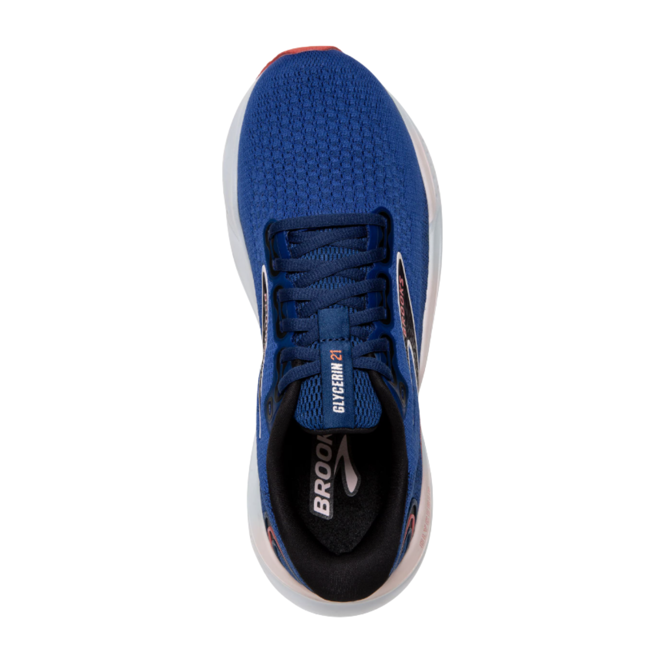 Top view of Women’s Brooks Glycerin GTS 21 in blue/icy pink/rose – featuring a breathable engineered warp knit upper, secure lace-up design, and the soft, nitrogen-infused DNA LOFT v3 midsole for responsive comfort.