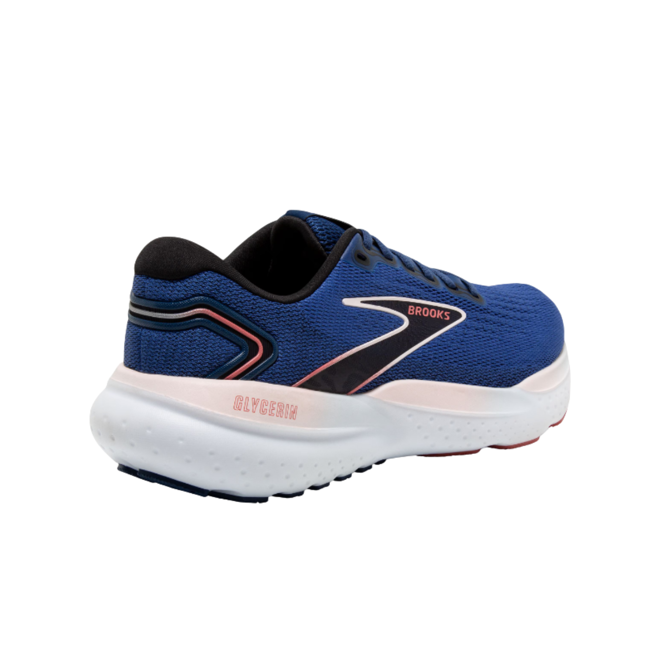 Angled view of Women’s Brooks Glycerin GTS 21 in blue/icy pink/rose – showing the adaptive fit of the engineered warp knit upper, the supportive structure of the shoe, and the plush DNA LOFT v3 cushioning for all-day comfort.