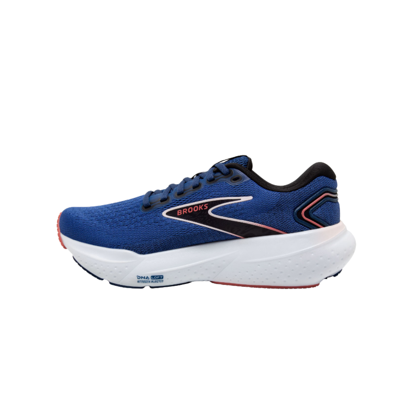 Side view of Women’s Brooks Glycerin GTS 21 in blue/icy pink/rose – showcasing the GuideRails® support system that helps control excess movement, and the DNA LOFT v3 midsole for luxurious cushioning and stability.