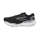 Side View of Women’s Brooks Glycerin GTS 21 in black/grey/white – featuring GuideRails® technology to control excess motion, stability support for overpronation, and a sleek, supportive silhouette.