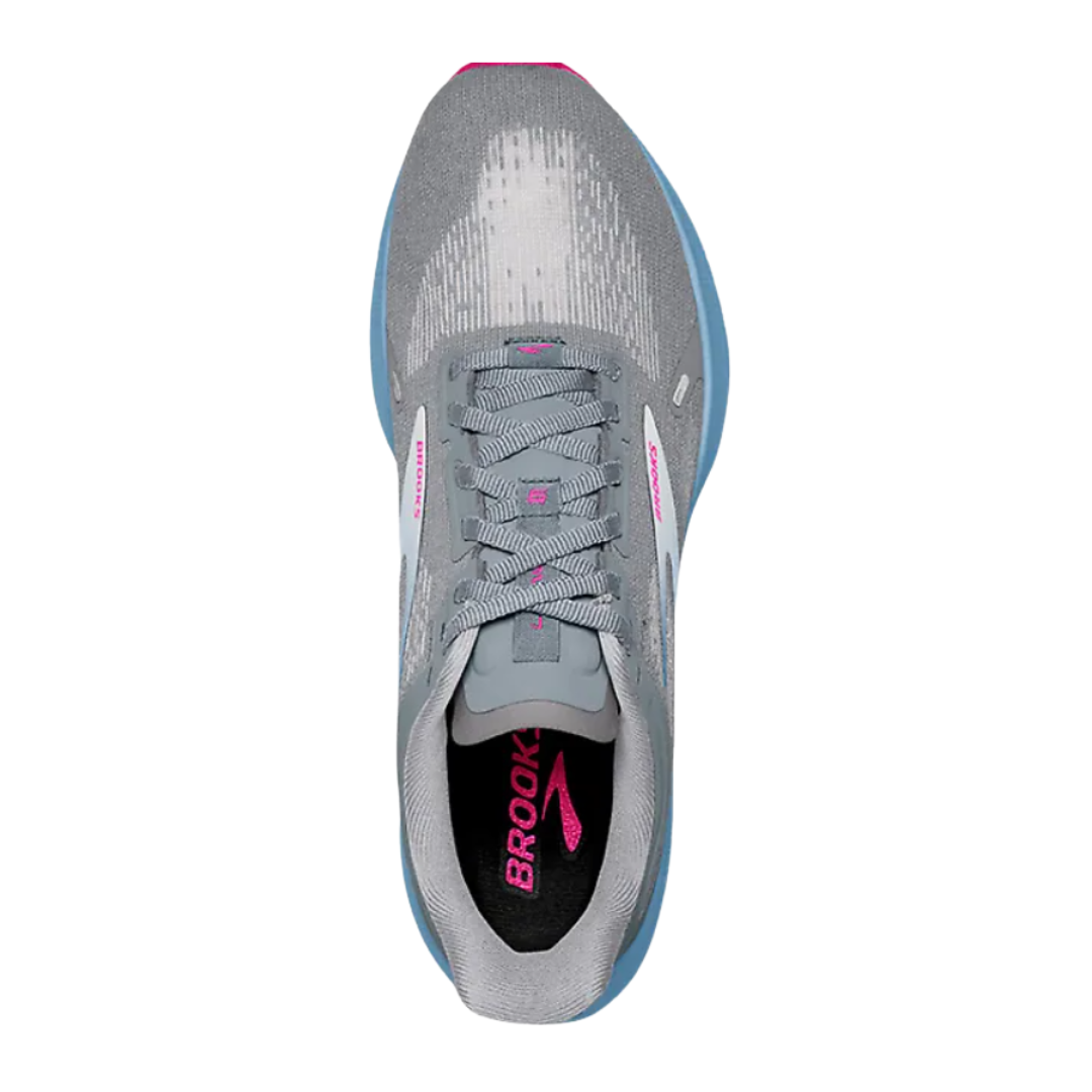 Top view of Women’s Brooks Launch 9 running shoe in grey, blue, and pink – featuring lightweight engineered mesh upper, padded tongue, and secure lace-up closure for a snug fit.