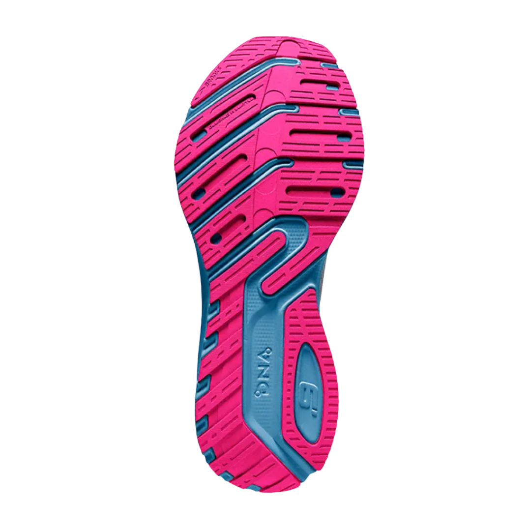 Bottom view of Women’s Brooks Launch 9 running shoe in grey, blue, and pink – featuring durable rubber outsole with blown rubber forefoot for enhanced traction and flexibility.