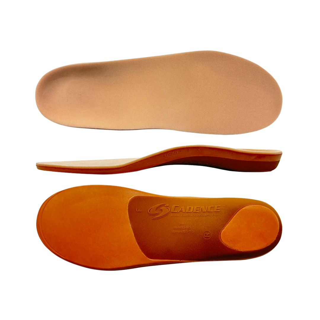 Top, Side and Bottom View of Unisex Cadence Comfort+ Insole in orange and gray – featuring a firm yet flexible base, shock-absorbing heel zone, and medical-grade arch support for plantar fasciitis and diabetic foot care.