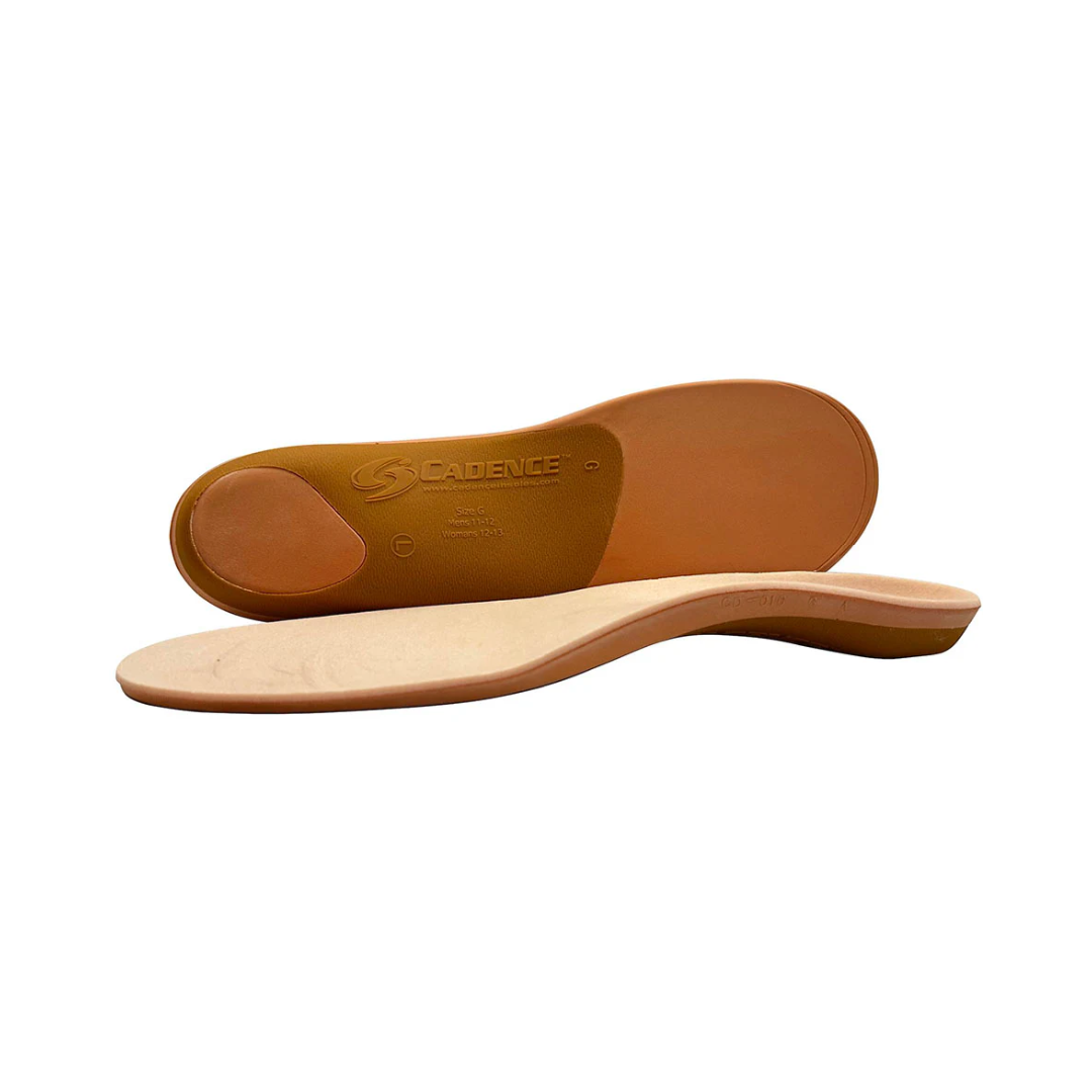 Side View of Unisex Cadence Comfort Insole 2 in blue and yellow – features include a contoured arch for structured support, deep heel cup for improved alignment, and dual-layer cushioning for enhanced shock absorption.