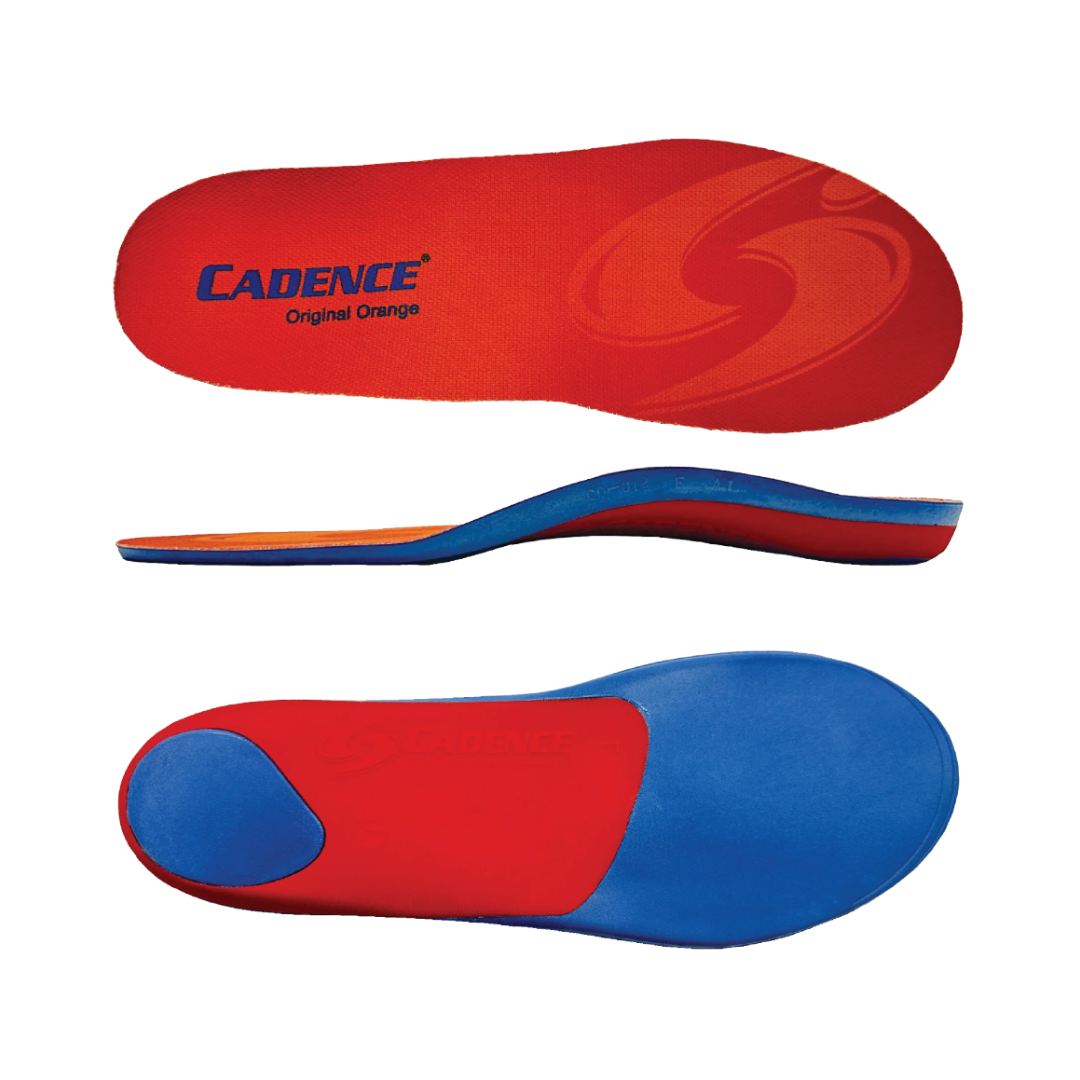 Top, Side and Bottom View of Unisex Cadence Original Orange insole – featuring a durable rubberized base, heel impact zone, and textured grip pattern for stability.