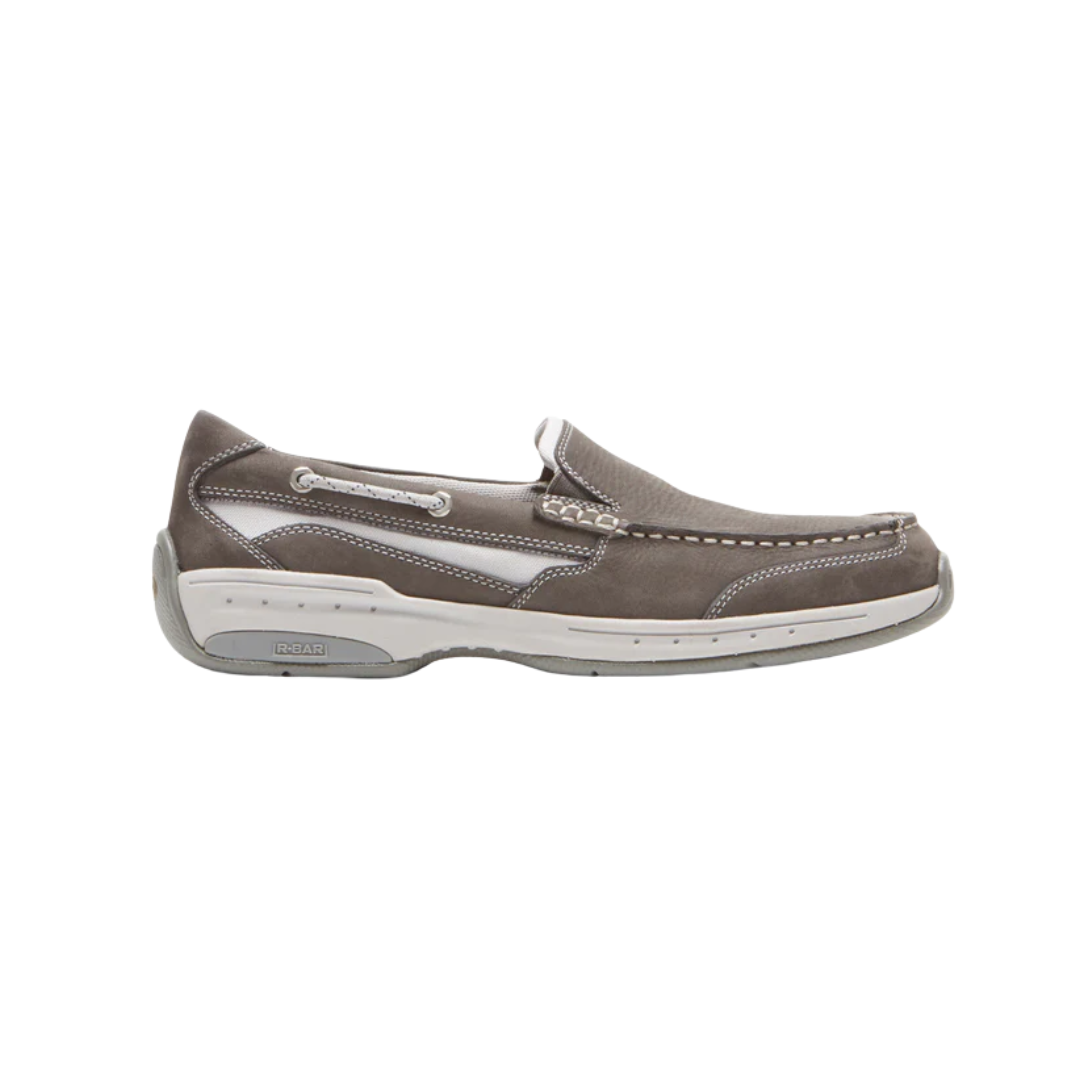 Side view of Men’s Captain Ventian boat shoe in grey – featuring hand-stitched detailing, durable sidewalls, and a slip-on silhouette with water-resistant finish.