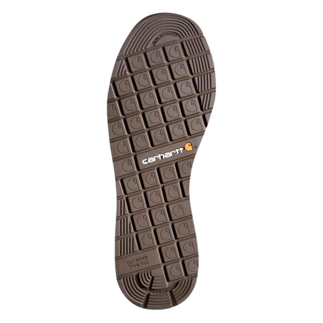 Bottom view of Men’s Carhartt Lightweight 4-Inch Wedge Chukka Boot in dark brown – highlighting non-marking rubber outsole with defined tread pattern for reliable grip on various surfaces.