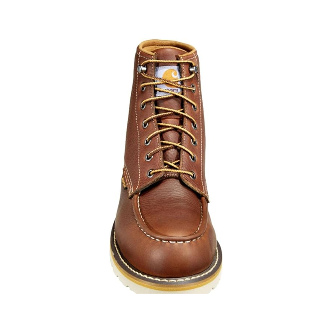 Front view of Men’s Carhartt Waterproof 6-Inch Moc Toe Wedge Boot in soft tan – presenting lace-up closure with metal eyelets, moc-toe design, and durable leather construction.