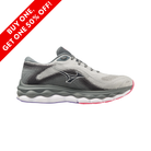 Side View of Women’s Mizuno Wave Sky 7 running shoe in pearl blue white – featuring a breathable stretch woven upper, Mizuno Enerzy Core midsole for plush cushioning, and durable X10 rubber outsole for long-lasting traction.