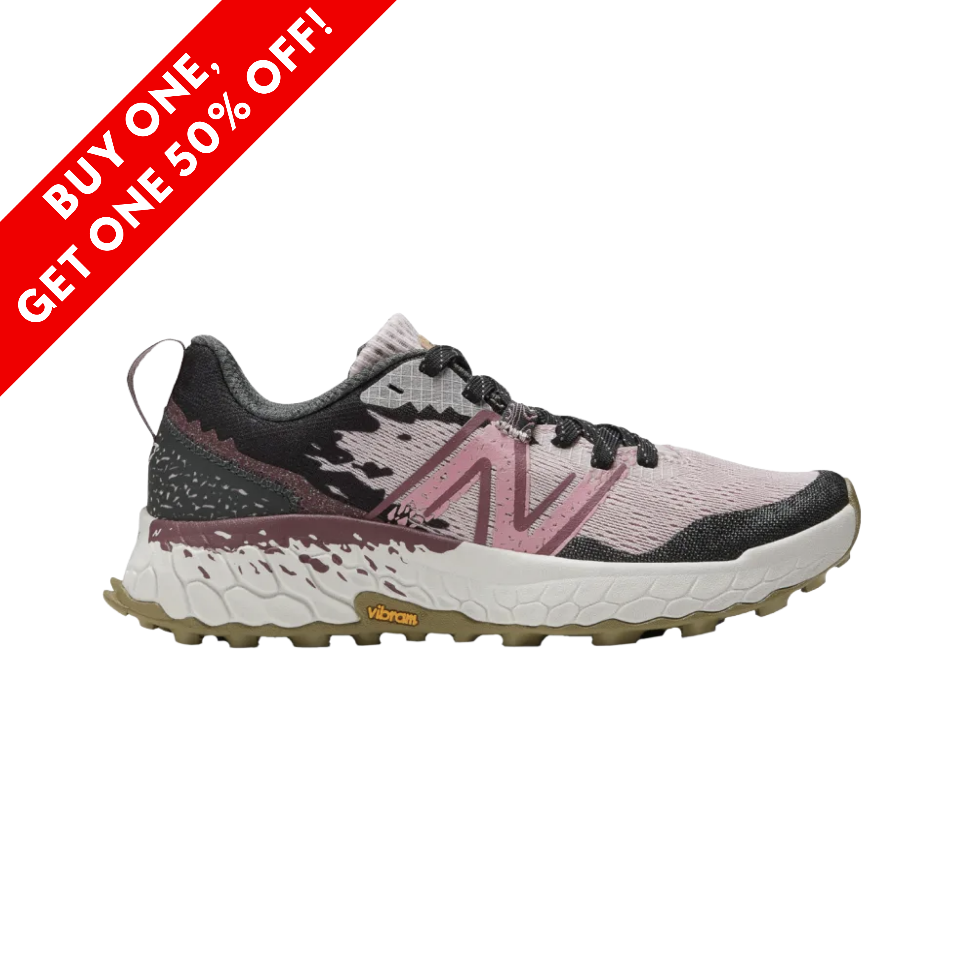 Side View of Women’s New Balance Fresh Foam x Hierro v7 trail running shoe in stone pink with blacktop and washed burgundy – featuring a durable mesh upper with TPU overlays, ultra-cushioned Fresh Foam X midsole, and Vibram outsole for superior grip.