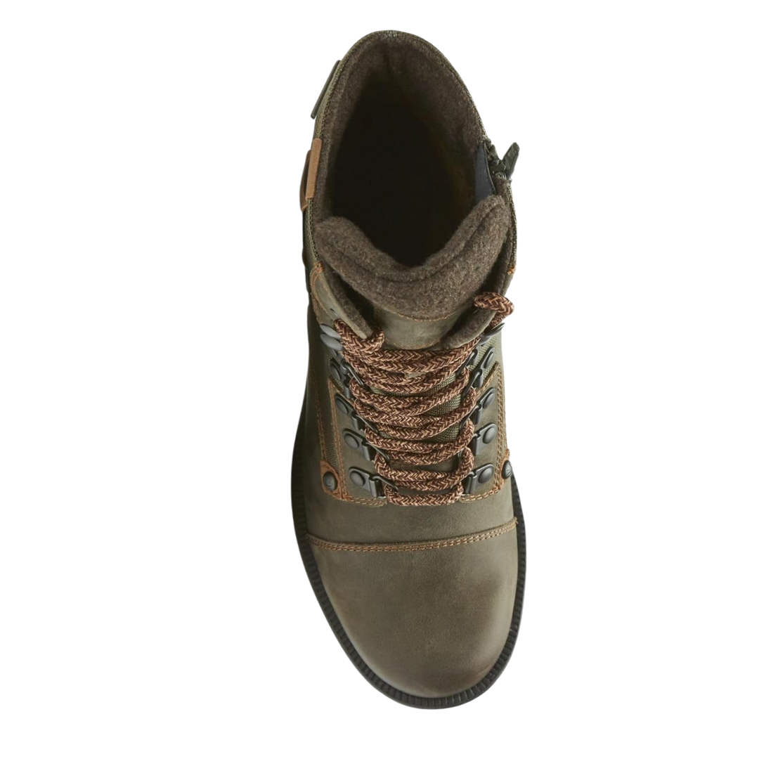 Top view of Women’s Cobb Hill Brunswick Lace Waterproof boot in forest – featuring a padded collar, lace-up closure, and waterproof leather upper for all-day comfort.