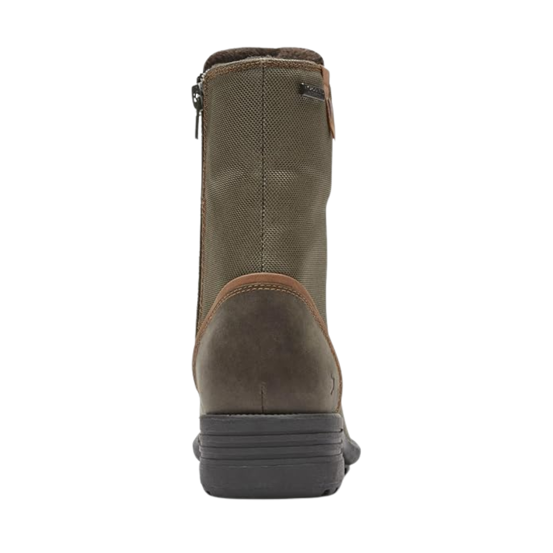 Back view of Women’s Cobb Hill Brunswick Lace Waterproof boot in forest – featuring a reinforced heel counter, pull tab for easy on/off, and subtle branding detail.
