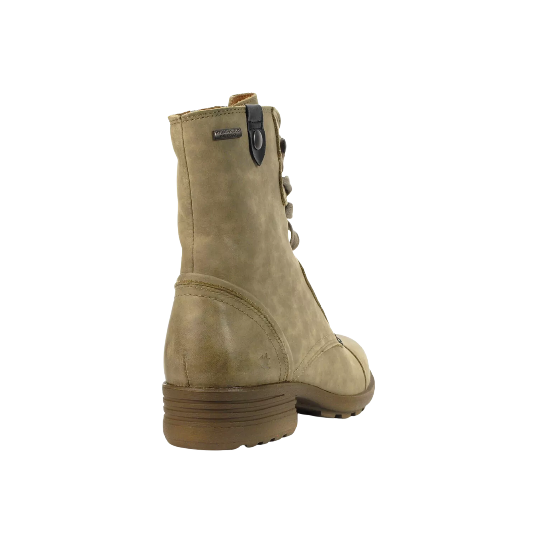 Back view of Women’s Cobb Hill Brunswick Lace Waterproof boot in grey – featuring a padded collar, reinforced heel counter, subtle stitching, and a rear pull tab for easy on/off.
