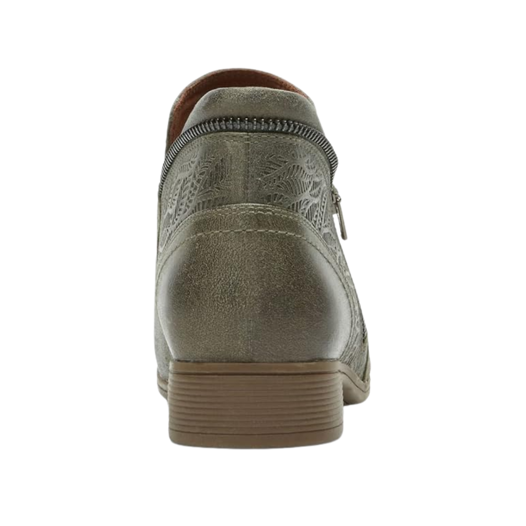 Back view of Women’s Cobb Hill Crosbie ankle boot in dusty olive – featuring a low-profile heel, subtle stitching details, and smooth finish for versatile styling.