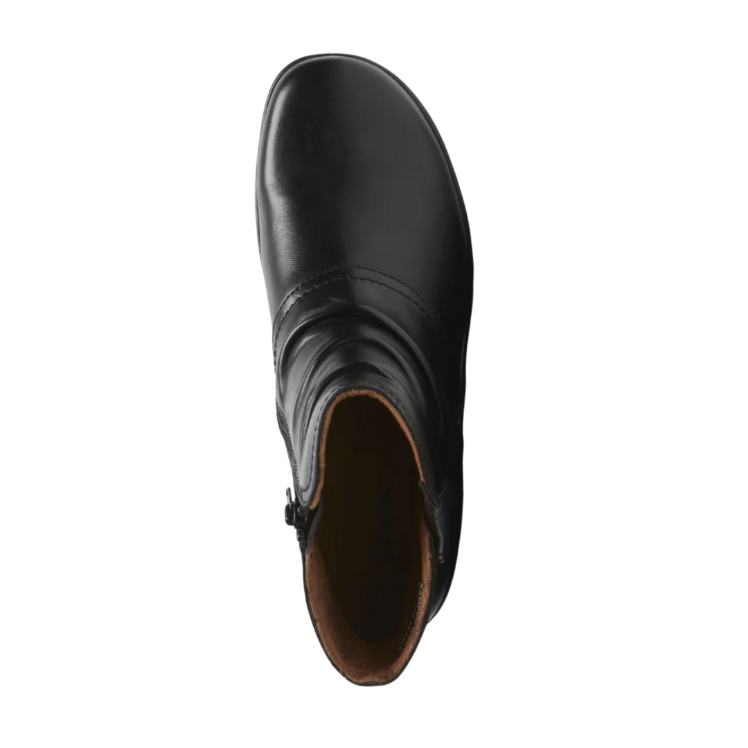 Top view of Women’s Cobb Hill Penfield Ruched ankle boot in black – featuring a ruched leather upper, rounded toe box, and cushioned EVA footbed for enhanced comfort.