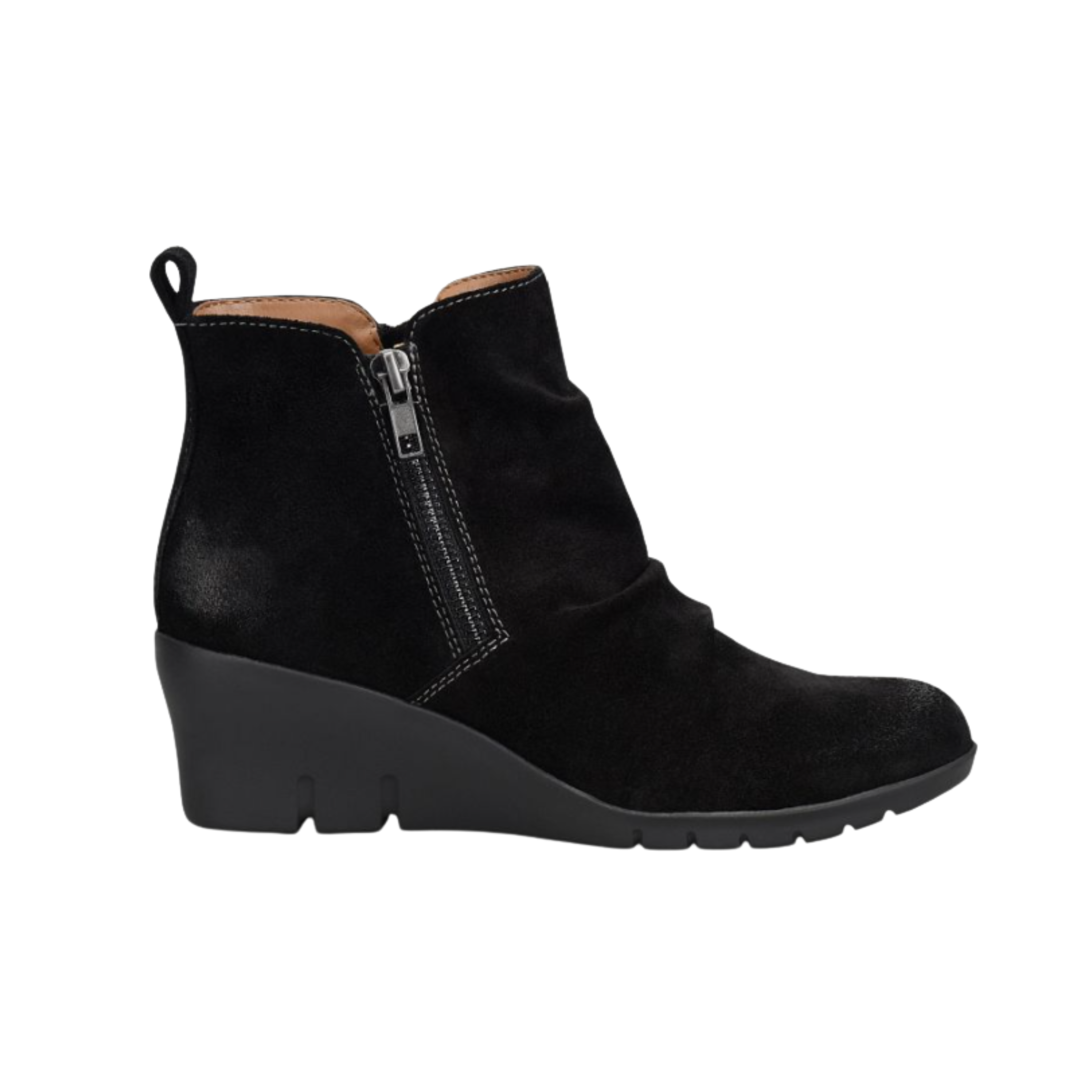 Side View of Women’s Comfortiva Ana shoe in black suede – featuring a soft suede upper with side cutout design, cushioned footbed for all-day comfort, and flexible slip-resistant outsole with low stacked heel.