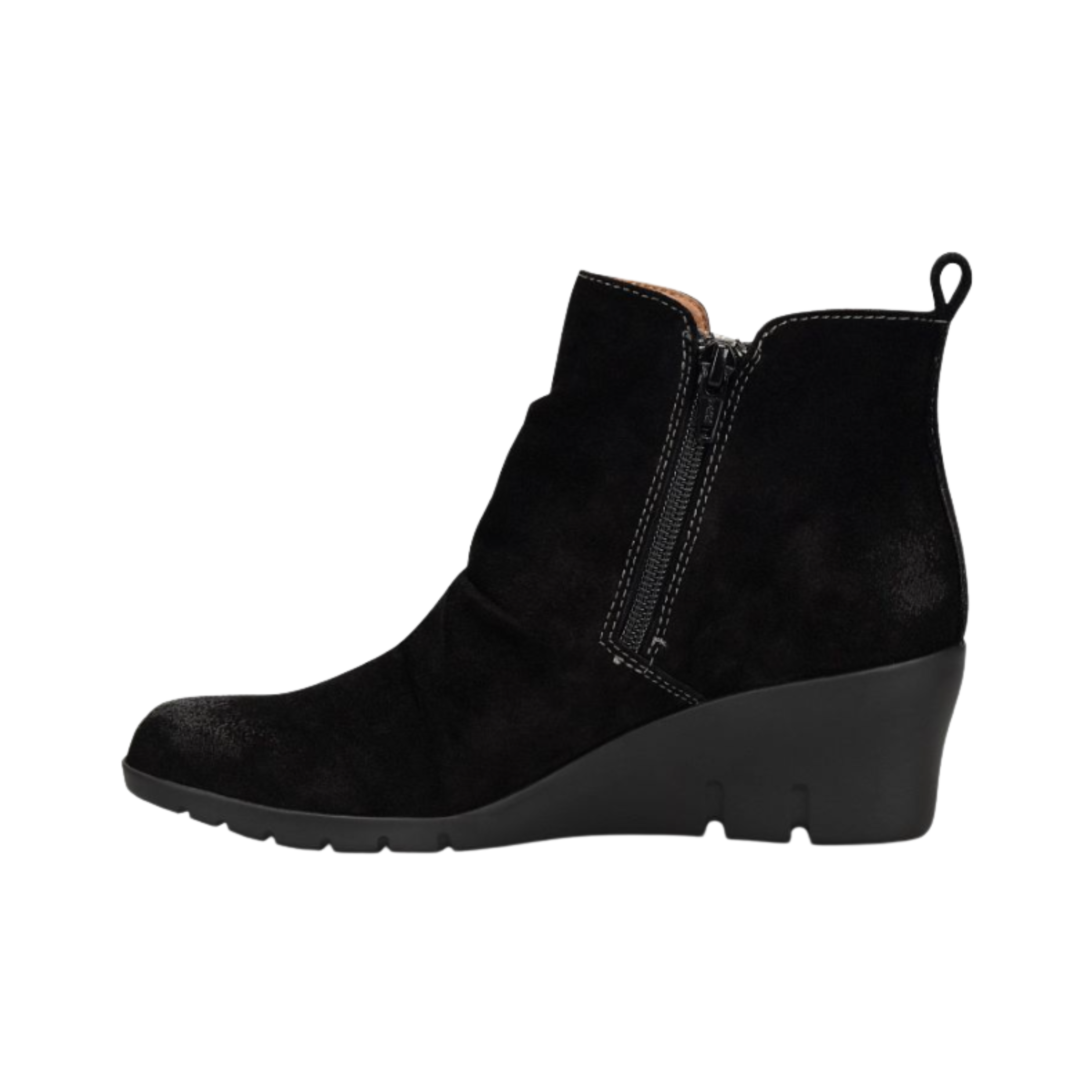 Side View of Women’s Comfortiva Ana shoe in black suede – featuring a soft suede upper with side cutout design, cushioned footbed for all-day comfort, and flexible slip-resistant outsole with low stacked heel.