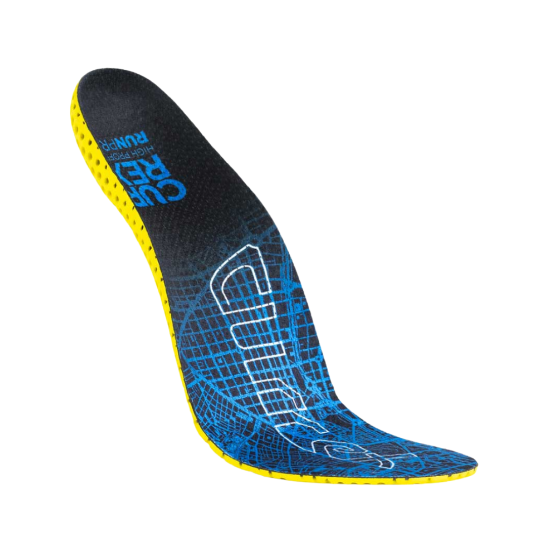 Angled view of Currex RunPro High Profile Insole – featuring a multilayer build with enhanced energy return, high arch contour, and pressure-relief design for improved performance and reduced fatigue.