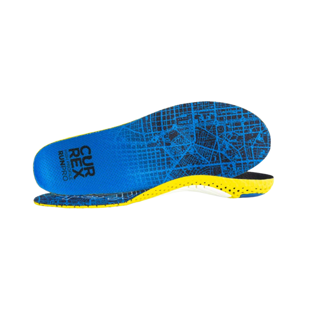 Side view of Currex RunPro High Profile Insole – featuring a contoured design with high arch support, responsive cushioning layers, and an ergonomic profile tailored for runners needing maximum foot alignment and support.