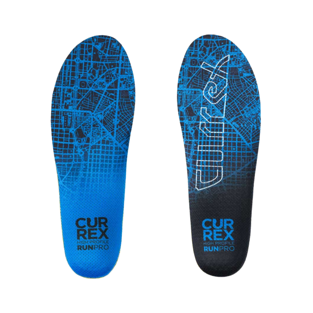Top view of Currex RunPro High Profile Insole – featuring a moisture-wicking, breathable top layer, anatomically shaped forefoot and heel zones, and color-coded arch height for easy identification.