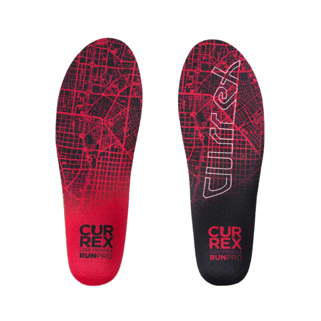 Top view of Currex RunPro Low Profile Insole – featuring a breathable top layer with moisture-wicking properties, precision-cut contours, and a design optimized for stability and pressure distribution during high-impact activity.