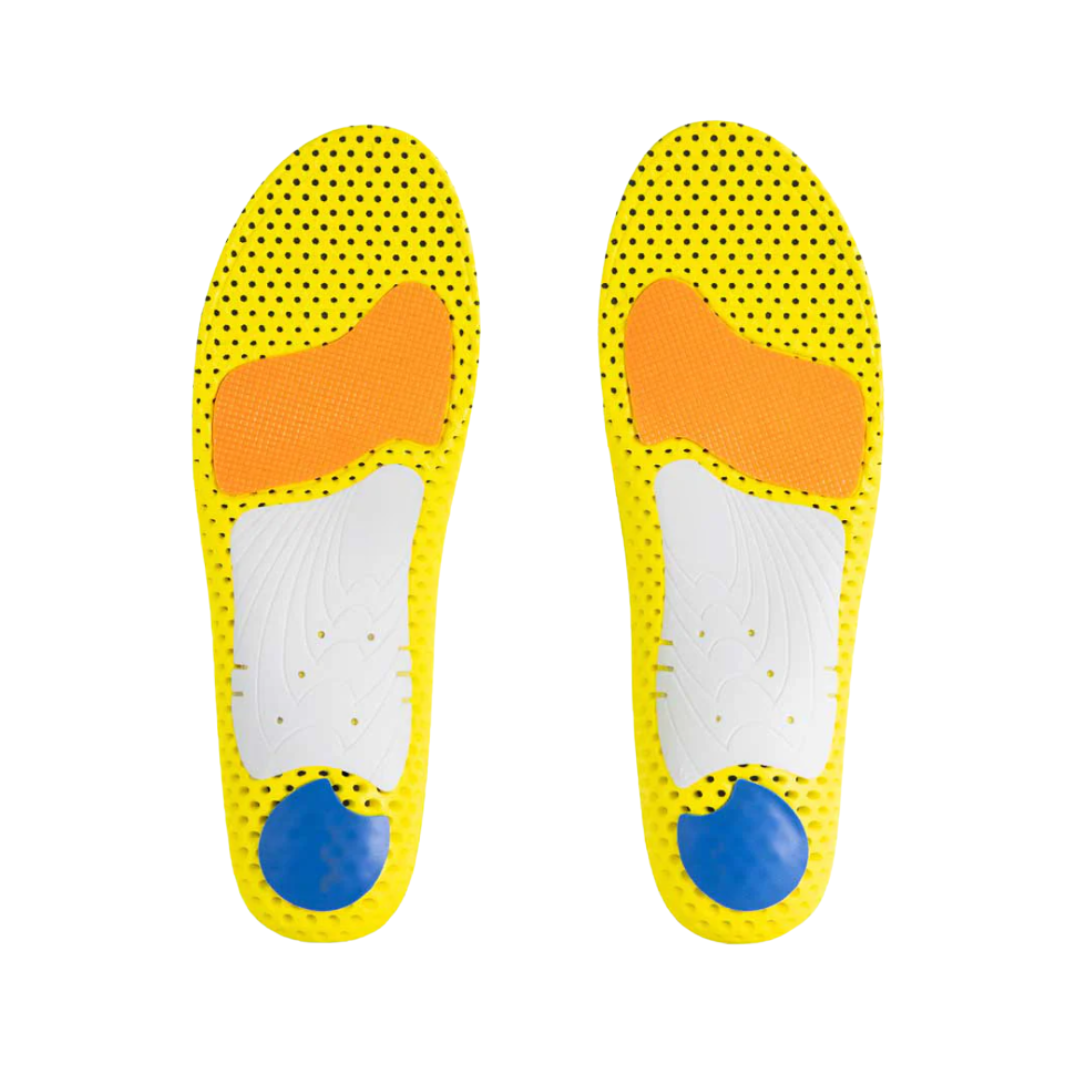 Bottom view of Currex RunPro Low Profile Insole – featuring dynamic arch technology, a structured heel cup for impact absorption, and grip zones to minimize in-shoe movement while running.