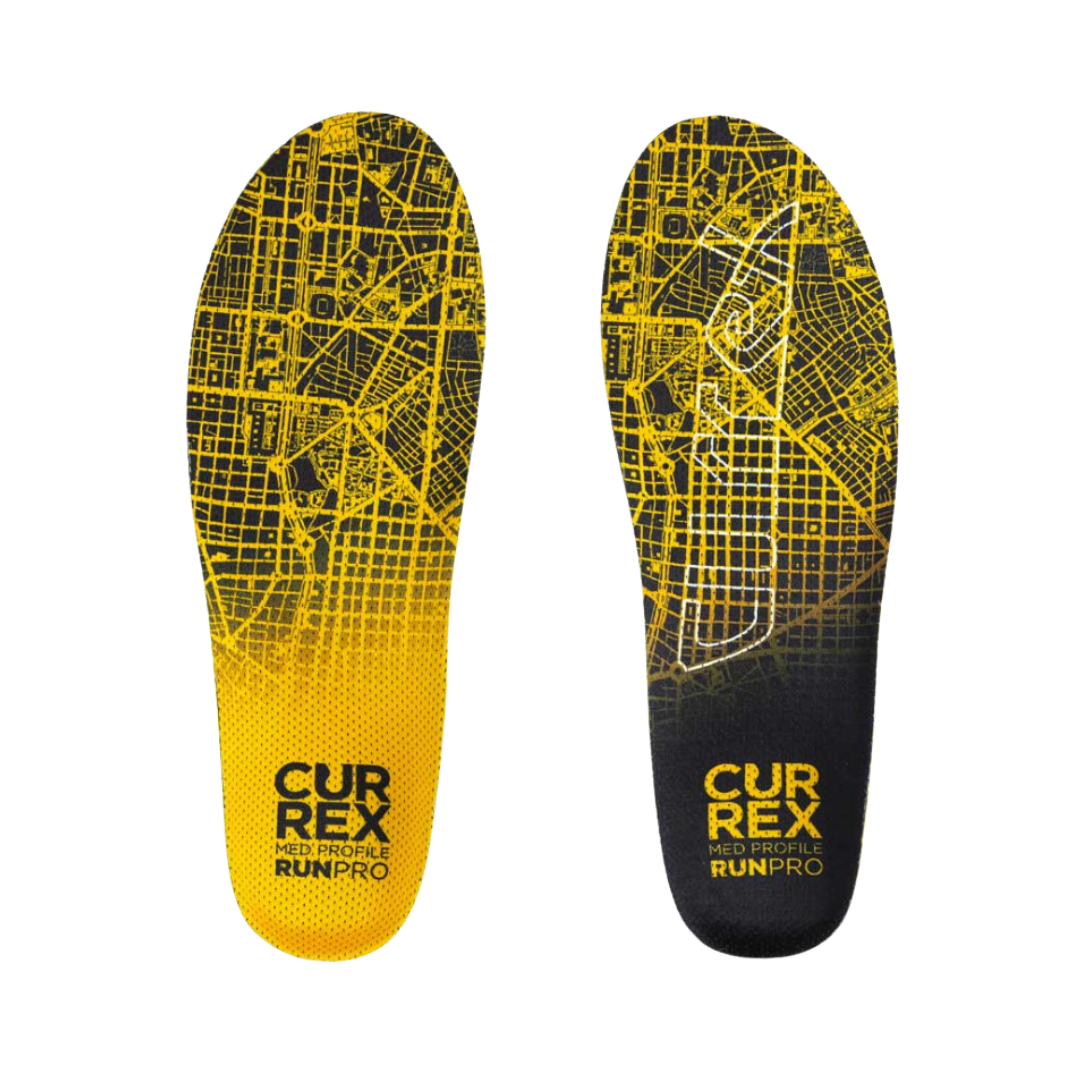 Top view of Currex RunPro Medium Profile Insole in Yellow – featuring a moisture-wicking, breathable top layer with a contoured design for optimized fit, pressure distribution, and foot alignment.